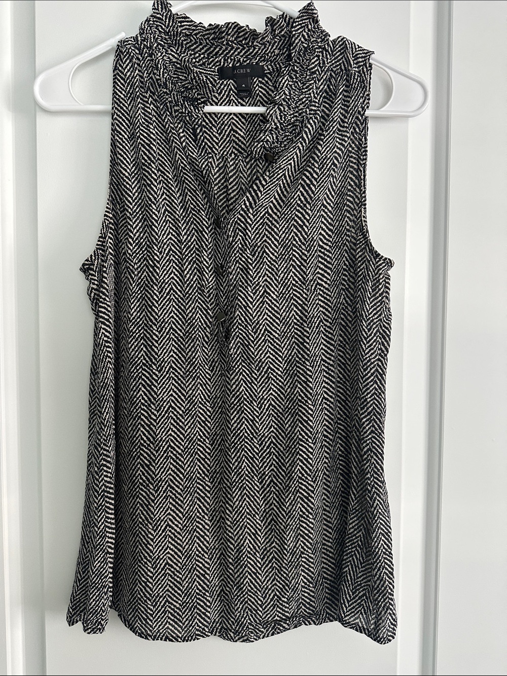 J. Crew Black & Cream Sleeveless Ruffle-Neck blouse